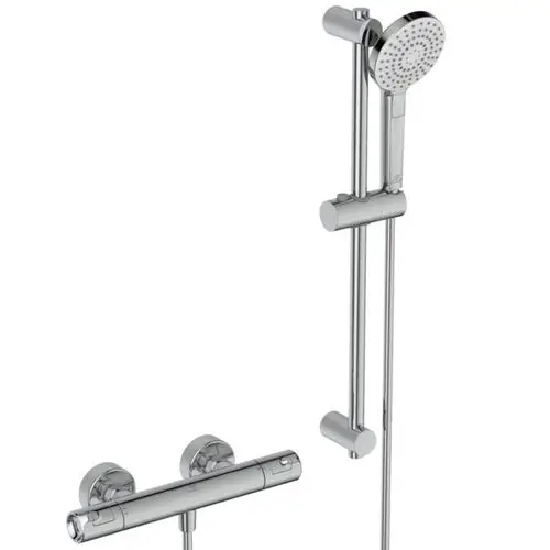 Chromfarbene Brausekombination mit Handdusche, Höhenverstellung und Thermostatarmatur. Schlichte, moderne Designs für das Badezimmer.
